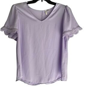 Womens V Neck Lace Trim Flutter Sleeve Blouse Light Purple Size Small